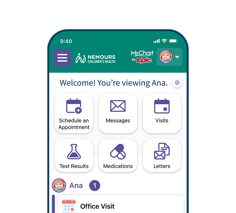 Nemours App MyChart Homepage in the app