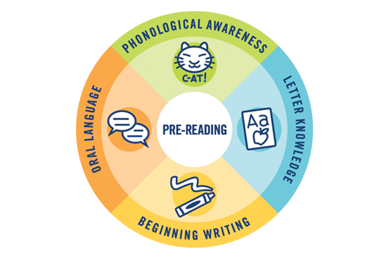 Pre-reading skills include phonological awareness, letter knowledge, beginning writing, and oral language. 